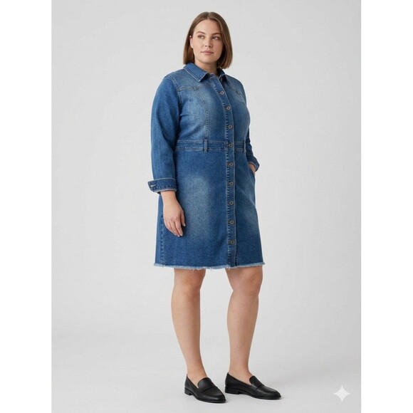 Cato Dresses & Skirts - Cato Western Stretch Denim Shirt Dress Frayed Raw Hem Blue Plus Size 16W EUC